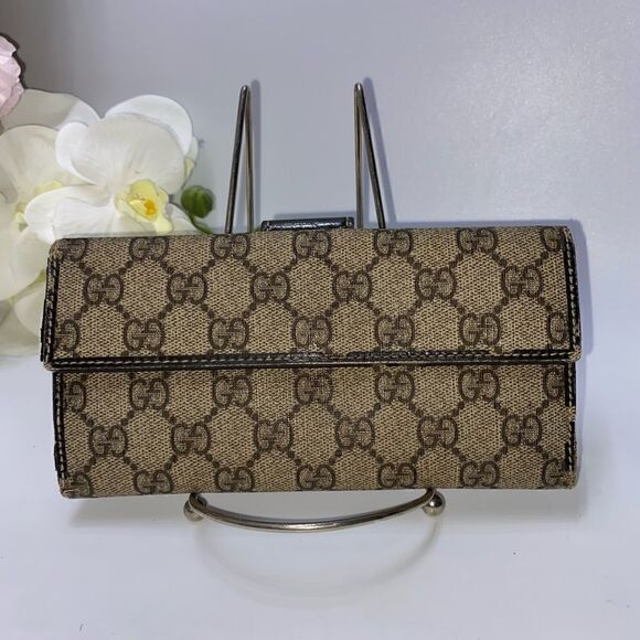 AUTHENTIC GUCCI GG Logo Canvas Leather Trim Long Clutch Wallet - Picture 2 of 10